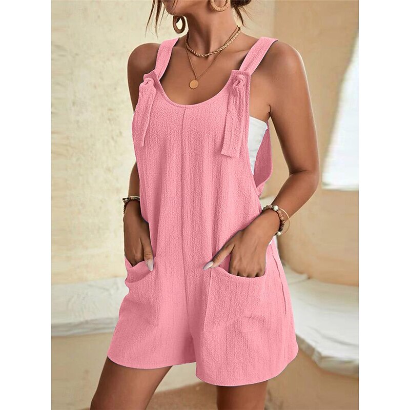 Women's Normal Jumpsuit Basic Solid Color Sleeveless Crew Neck Buttons Pocket Street Daily Regular Fit Black Light Green Pink Summer 9
