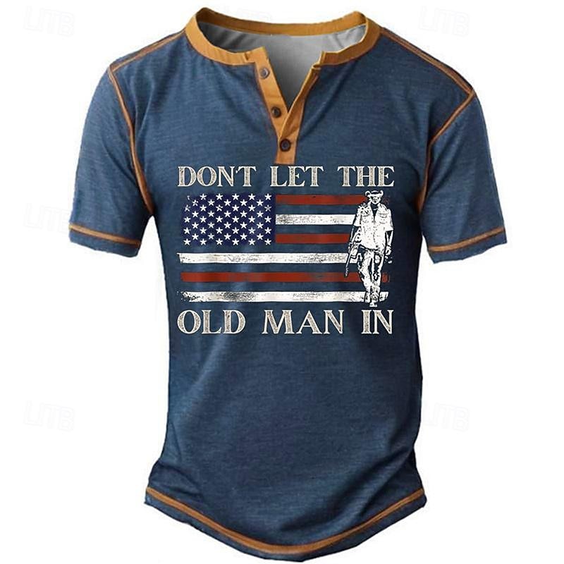 Men's Short Sleeve Henley Graphic T-Shirt - Don't Let The Old Man In American Flag Patriotic Design