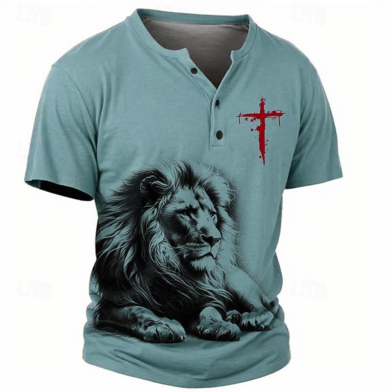 Men's Graphic Lion Cross T shirt Henley Shirt Short Sleeve 3D Print Retro Vintage Casual Sports Outdoor Holiday Going out Spring & Summer Blue Sky Blue Khaki Gray Henley Henley T-Shirt4