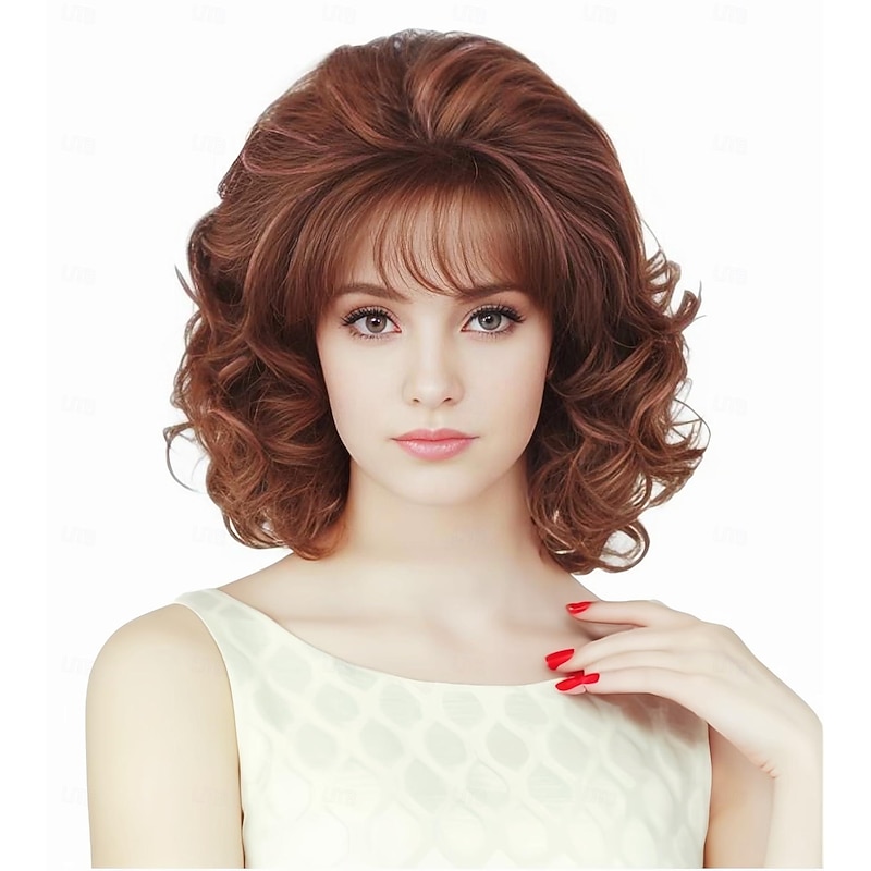 Vintage Short Ginger Mixed Blonde Beehive Wig with Bangs Curly Wavy Heat Resistant Synthetic Hair Wigs for Women fits 70s 80s Costume or Halloween and Party