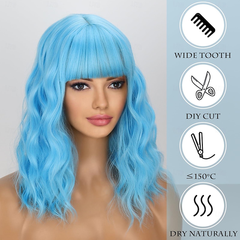Short Blue Wavy Bob Wigs with Bangs for Women Loose Light Blue Wig Synthetic Shoulder Length Cosplay Wig for Girl Colorful Costume Wigs Halloween Wigs2