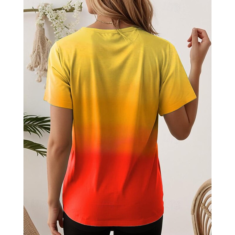 Women's T shirt Casual Ombre Round Neck Yellow Red Gradient Short Sleeve Soft Stretchy Daily Summer Basic Tops2