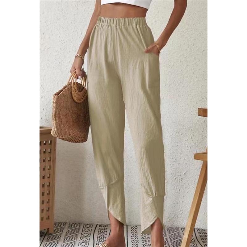 Women's Cotton Linen Pants Pants Trousers Casual Daily Ankle-Length Plain Side Pockets Elastic Waistband Breathability Comfortable Inelastic Weekend Black White Wine Dark navy Spring & Summer Regular