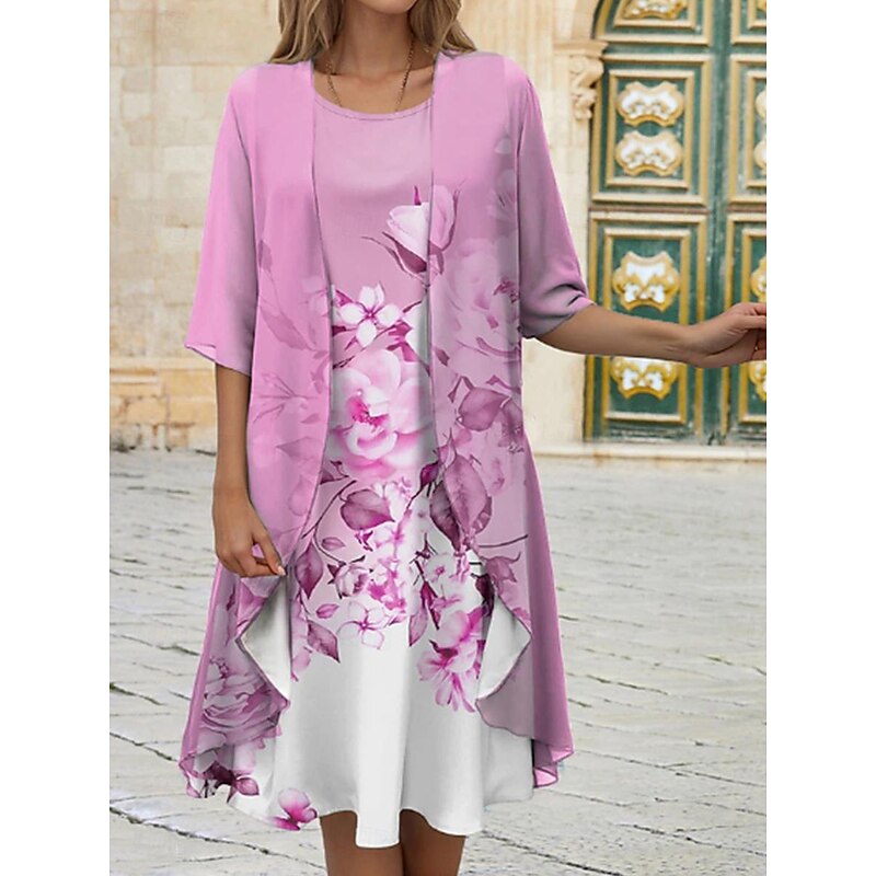 Women's Dress Set Casual Dress Print Dress Fashion Modern Floral Print Midi Dress Half Sleeve Crew Neck Outdoor Date Pink Blue Purple Summer Regular Fit