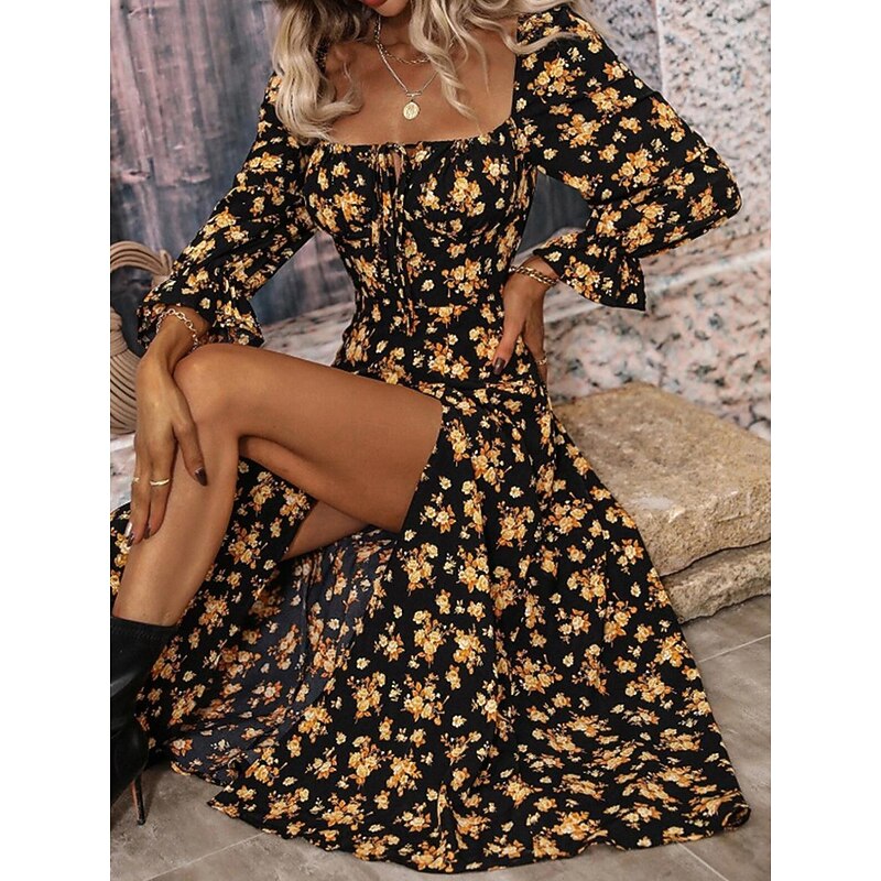 Women's Maxi Dress Casual Dress Swing Dress A Line Dress Summer Dress Streetwear A Line Vacation Street Holiday Regular Fit Floral Long Sleeve Square Neck White Blue Purple Gold Summer2