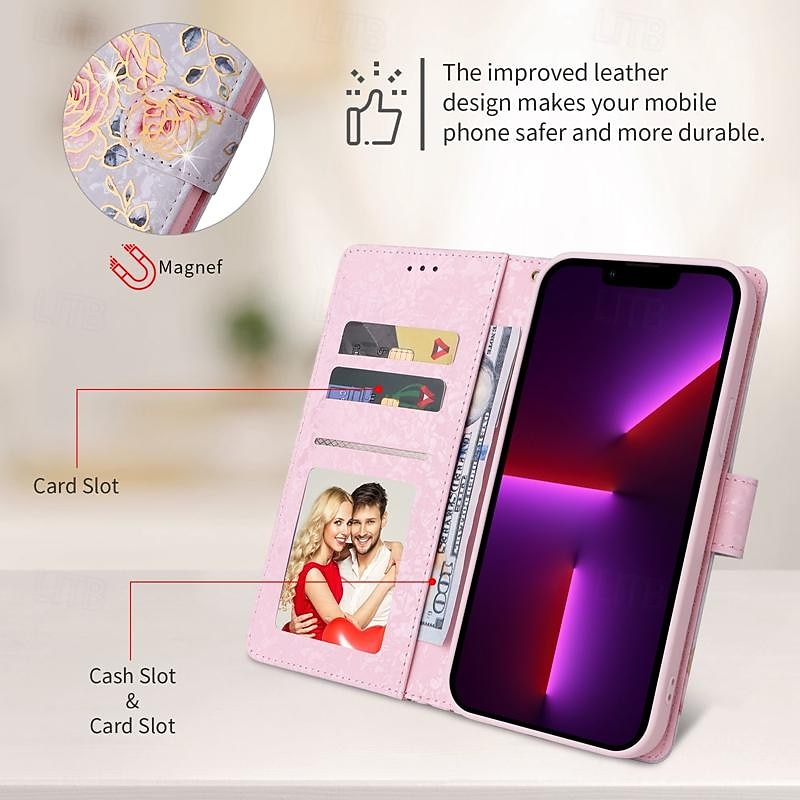 Phone Case For iPhone 17 Pro Max 17 Air 16 15 14 Pro Max Plus 13 12 11 Pro Max Mini Wallet Case Full Body Protective with Wrist Strap Kickstand Flower Floral TPU PU Leather4