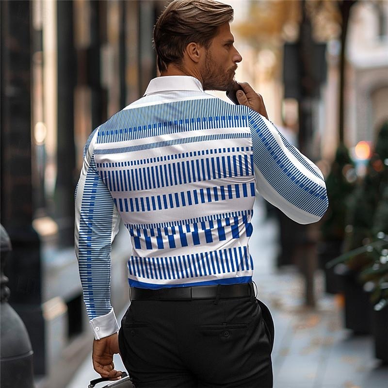 Men's Stripe Geometric Pattern Geometry Printed Shirts Long Sleeve Business Casual Street Wear to work Daily Wear Spring & Summer Turndown Print Button-Down Blue Purple2