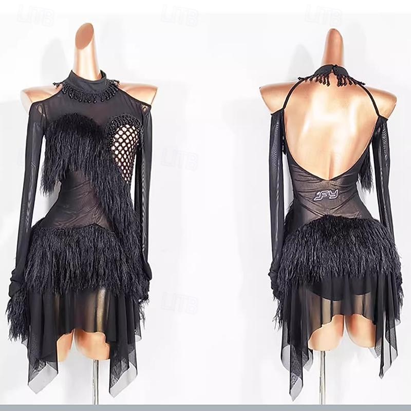 Latin Dance Dress Tassel Pure Color Splicing Women's Performance Training Long Sleeve Polyester Mesh4