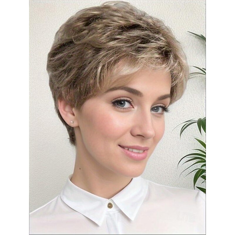 Blonde Short Wig with Bangs Layered Blonde Mix Brown Wigs for White Women Ash Blonde Wig with Dark Roots Short Hair Wigs for Women Synthetic Natural Looking Wig for Daily2