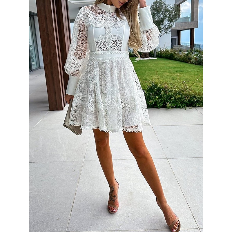 Women's Mini Dress White Dress Lace Dress Casual Dress A Line Dress Streetwear A Line Street Date Regular Fit Long Sleeve Stand Collar Black White Summer4