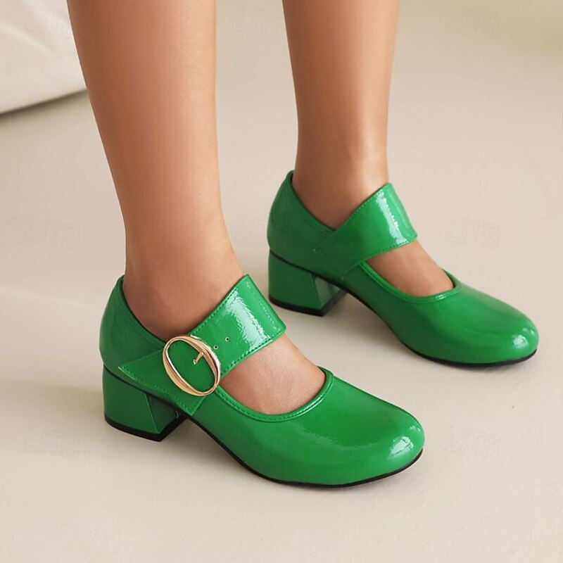 Women's Green Patent Leather Mary Jane Pumps with Gold Buckle and Block Heel, Retro Dress Shoes for Work, Parties, and Vintage-Inspired Outfits2