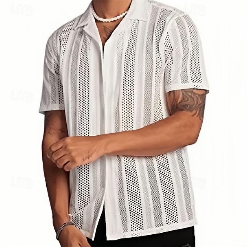 Men's Shirt Summer Shirt Casual Shirt Beach Shirt Button Up Shirt Black White Short Sleeve Plain Turndown Vacation Holiday Hole Clothing Apparel Polyester Fashion Casual Comfortable2
