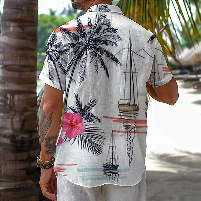 Men's Palm Tree Sailboat Tropical Plants Shirt Summer Hawaiian Shirt Aloha Shirt Short Sleeve Shirt Turndown Vacation Hawaiian Resort Style Outdoor Vacation Beach Black White S M L2