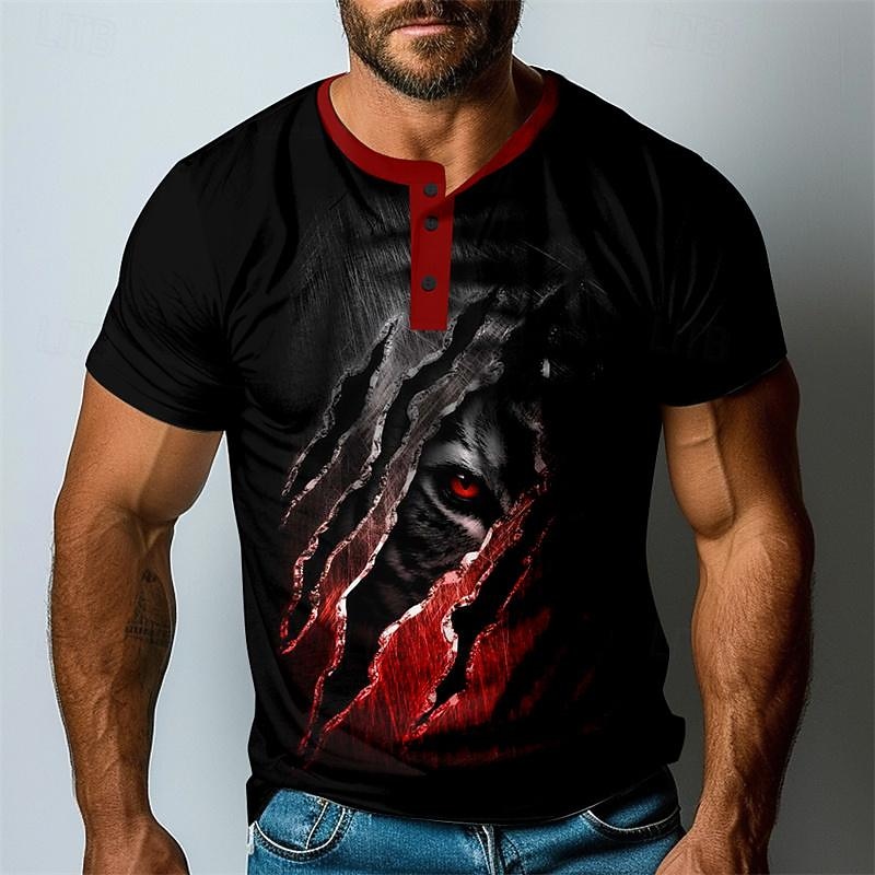 Men's Halloween Graphic Lion Scratches T Shirt Henley Shirt Short Sleeve 3D Print Fashion Classic Casual Sports Outdoor Holiday Going out Spring & Summer Black Henley Henley T-Shirt