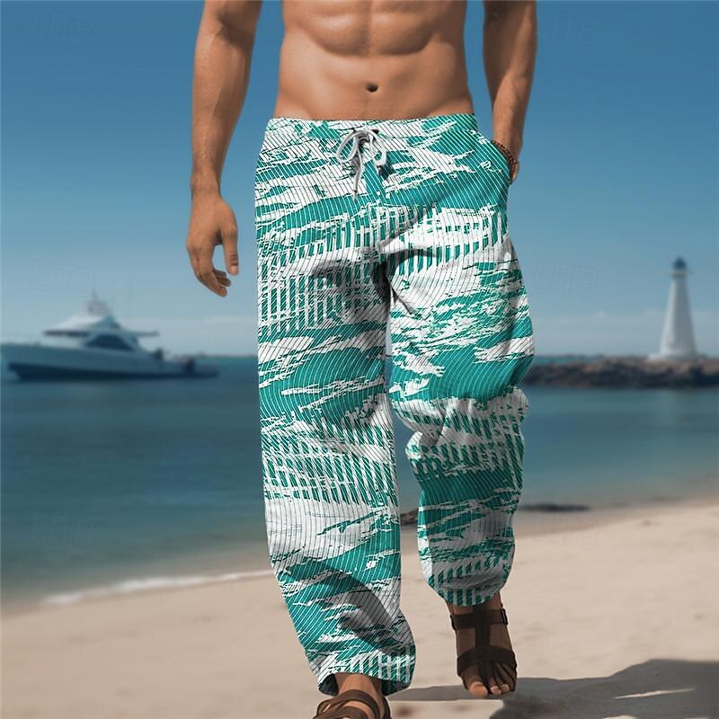 Vacation 3D Print Hawaiian Men's Side Pockets Elastic Drawstring Design Pants Trousers Straight-Leg Trousers Outdoor Hawaiian Holiday Polyester Blue Green S M L Medium Waist3