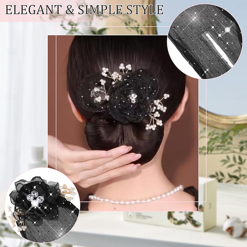 Hand Embroidered Flowers Deft Bun,French Hair Bun Maker Deft Bun for Hair Twister,Sparkly Ball Hair Clip,Flower Hair Bun Roller for Long Thick Hair Accessories for Women Girls (2PCS)4