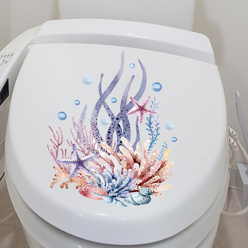 Watercolor Toilet Decals: Coral, Starfish, Seagrass, Jellyfish, Conch - Removable Bathroom Household Wall Stickers, Ideal for Adding a Beachy Vibe to Your Space3