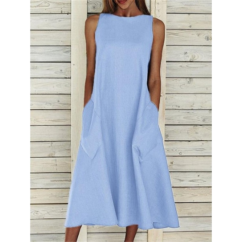 Women's Midi Dress Sleeveless Pockets Casual A-Line Silhouette Round Neckline White Summer Versatile Regular Fit Comfortable Lightweight Breathable Clothing Apparel4