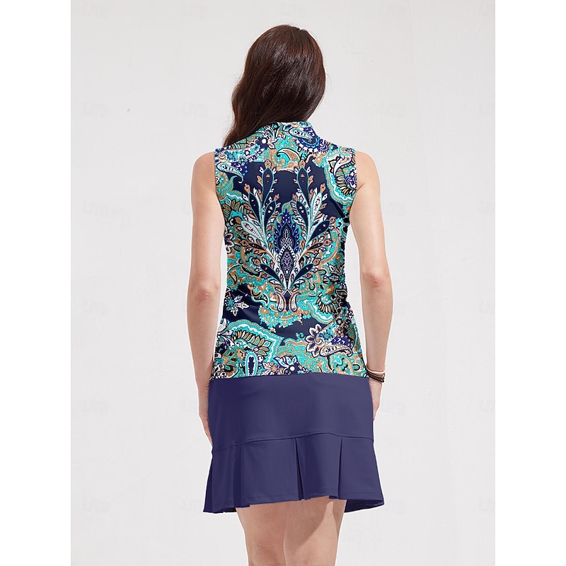 Women's Golf Polo Shirt Dark Navy Sleeveless Top Paisley Ladies Golf Attire Clothes Outfits Wear Apparel2