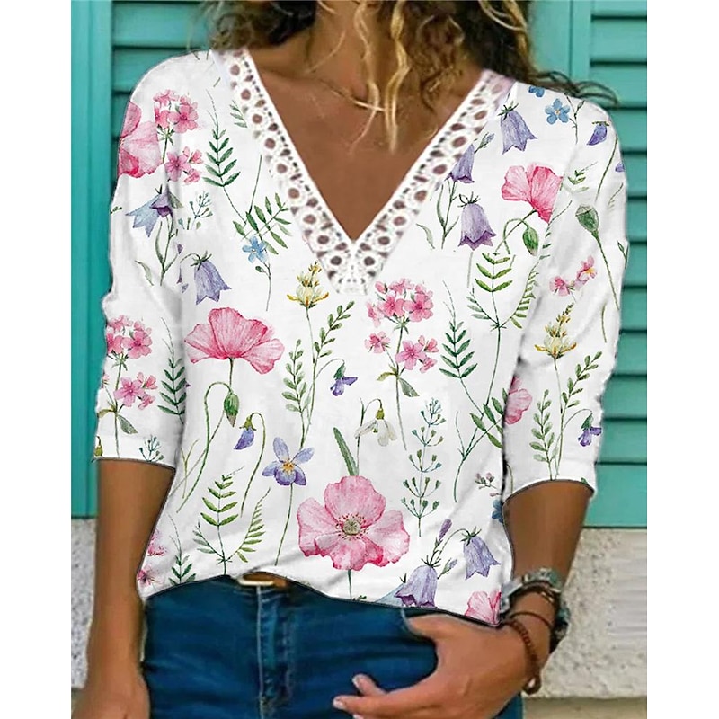 Women's Shirt Lace Shirt Blouse Fashion Floral Lace Print Long Sleeve Regular Tops V Neck Casual Holiday Pink Blue Light Blue Spring &  Fall2