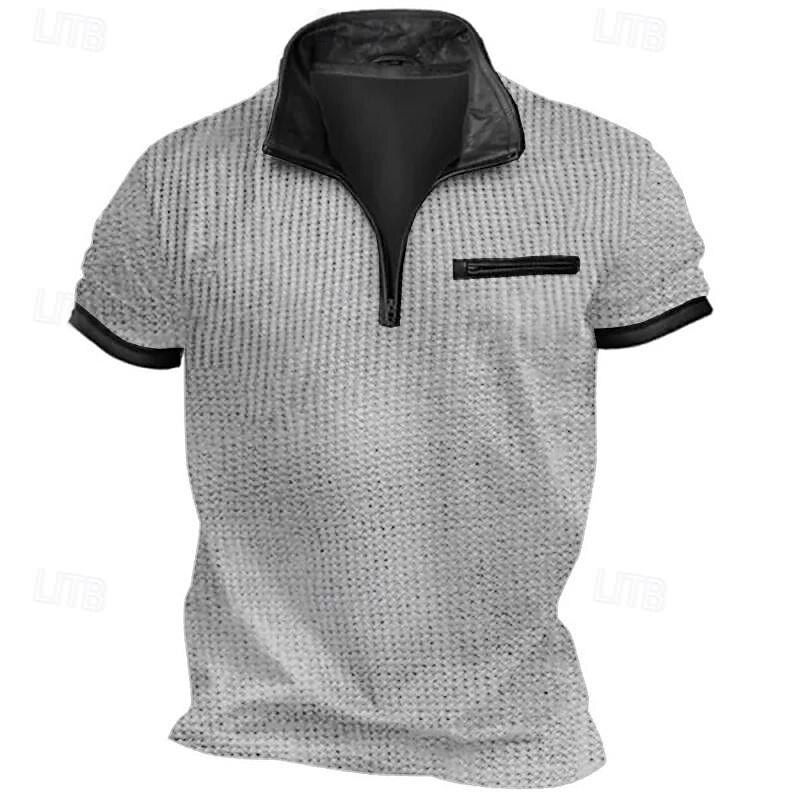 Men's T Shirt Waffle Knit Tee Quarter Zip Tee Tee Top Short Sleeves Quarter Zip Summer Plain Vintage Designer Basic Pocket Vacation Street Going out Navy Blue Dark Gray Khaki Top Tee for Men2