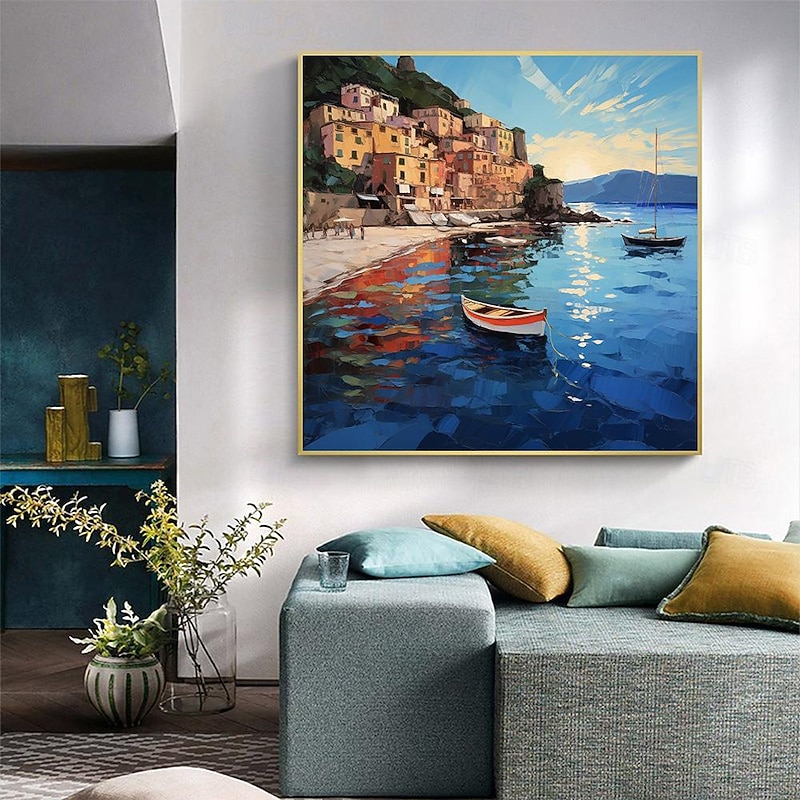 Mediterranean Oil Painting On Canvas hand painted Large Mediterranean Wall Art Abstract Seascape Art painting Blue Ocean Decor painting Custom Painting for Living room Home Decor3