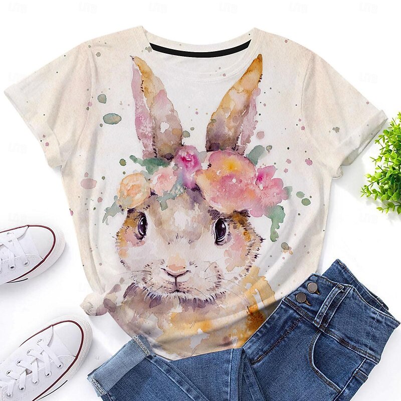 Women's Bunny Rose Crown T-shirt Blue Floral Crew Neck Stretch Casual Everyday Spring Summer Wear Multiple Sizes3