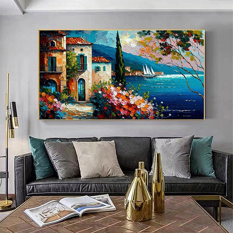 Hand painted  Mediterranean Landscape Oil Painting on canvas Impressionist Mediterranean-sea painting Canvas Art Textured Coastal painting Wall Art painting for Bedroom living room decoration2