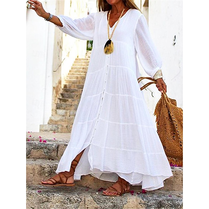 Women's White Yellow Blue Summer Spring Maxi long Dress Maxi Dress White Dress Shirt Dress Cotton Linen Dress Vacation Basic Modern Daily Weekend Loose Fit Plain V Neck4