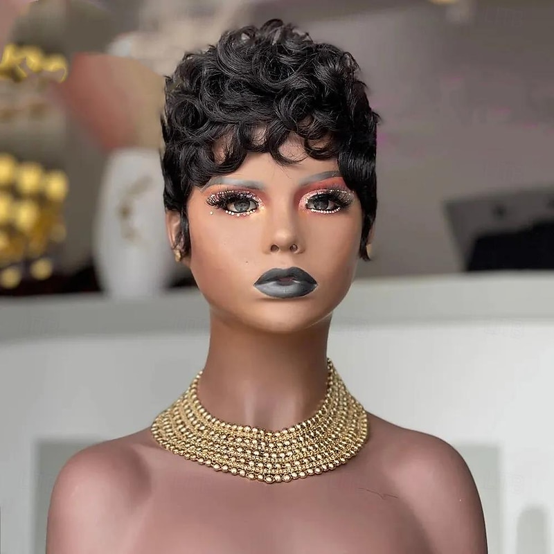 Curly Short Pixie Cut Remy Human Hair Wig Ready To Wear Black Color Water Wave Bob Full Machine Made Wigs With Bangs2