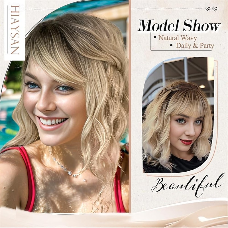 Ombre Blonde Wigs for White Women Short Wavy Wig with Bangs Ash Blonde Bob Wig with Dark Roots Medium Length Natural Synthetic Hair for Daily Party&Cosplay2