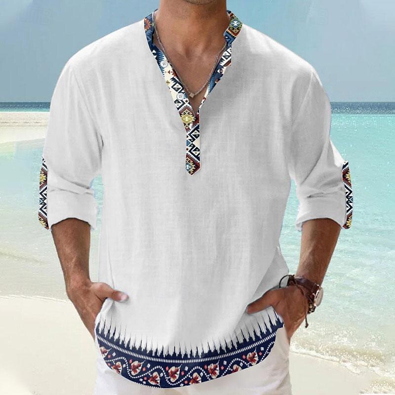 Men's Tribal Bandana Print Shirt Linen Shirt Button Up Shirt Long Sleeve Tribal Vacation Daily Wear Going out Spring &  Fall Stand Collar Buttons Print White Blue Khaki4