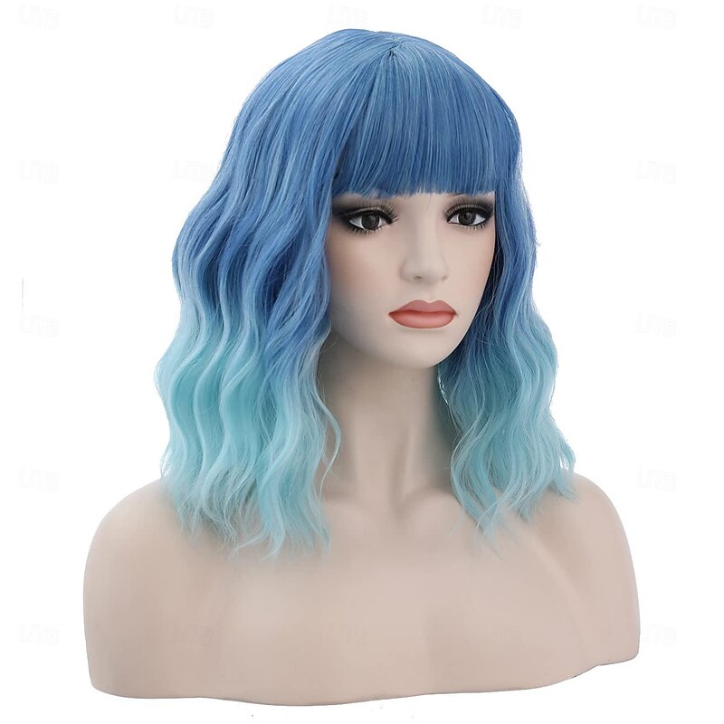 Blue Wigs for Women 14 Inches Short Blue Wavy Wig With Bangs 2 Tones Short Wigs for Cosplay Party Daily Wigs Halloween Wigs4