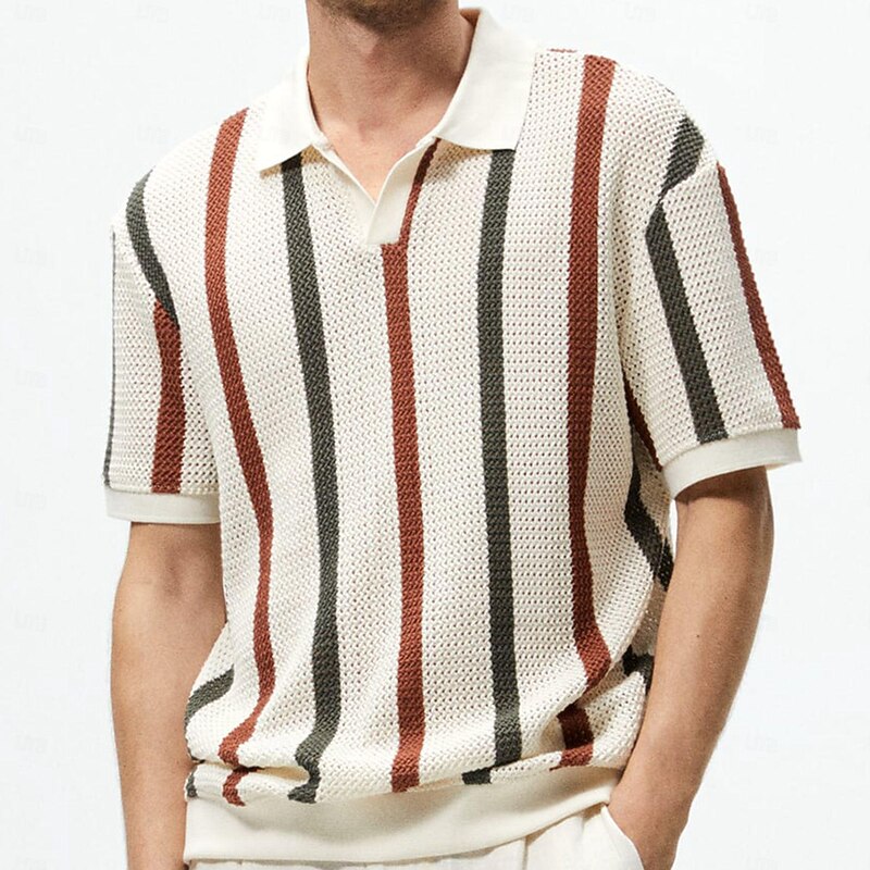 Men's Golf Shirt Polo Set Business Casual Lapel Short Sleeve Fashion Vertical Stripes Mesh Summer Apricot Golf Shirt2