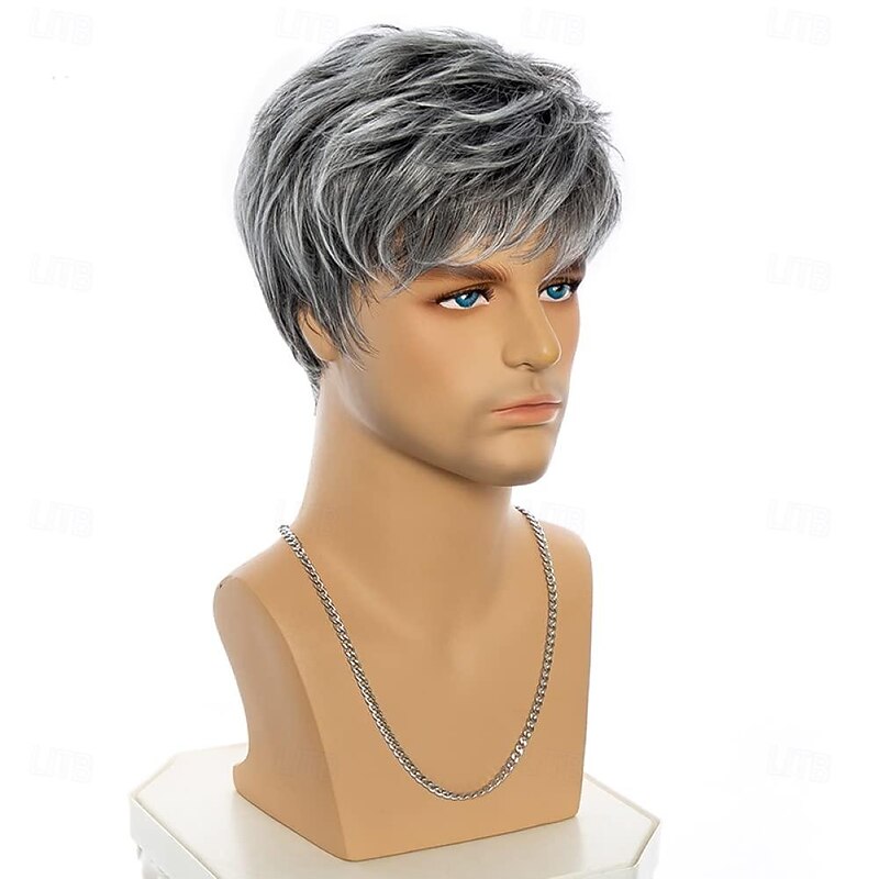Men's Wigs Grey Short Straight Hair Fluffy Looking Shaggy Layered Natural Side Part Wig Synthetic Hair Wigs Heat Resistant Replacement Full Wigs Grey3