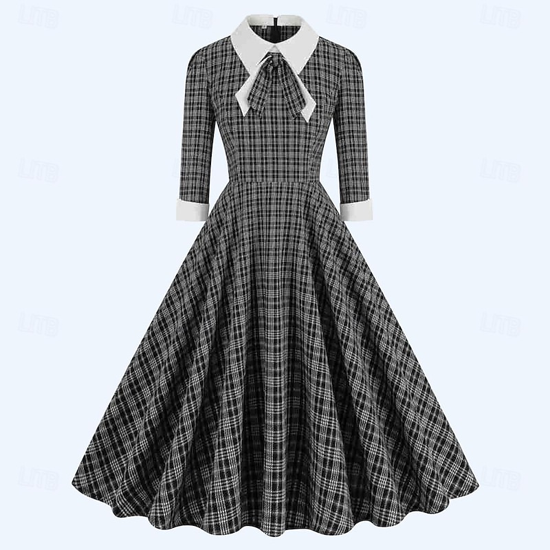 Retro Vintage 1950s Rockabilly Midi Dress Swing Dress Flare Dress Plaid Checkered Fancy Dress Women's Masquerade Masquerade Date Bachelorette Party Adults' Dress Homecoming Dresses Fall & Winter3