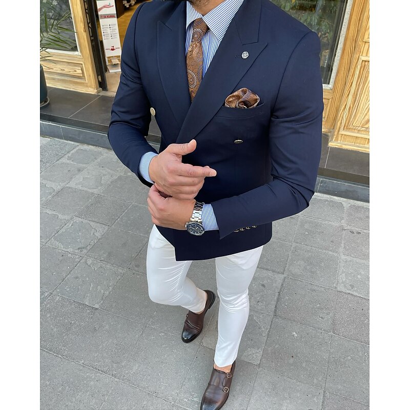 Men's Blazer Jacket Sport Coat Closure collar Casual Office Solid Colored ArmyGreen White Navy Blue Tailored Fit Double Breasted Six-buttons2