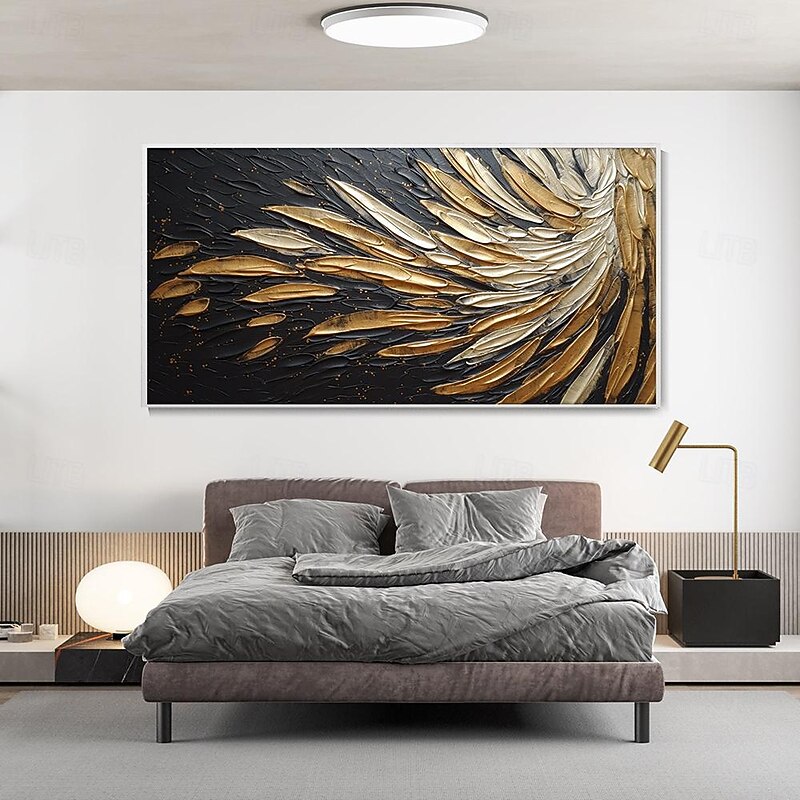 Hand painted Abstract Feather Oil Painting on Canvas hand painted Modern Wall Art Gold Black Painting for Living Room bedroom Wall Decor Custom Textured Painting artwork