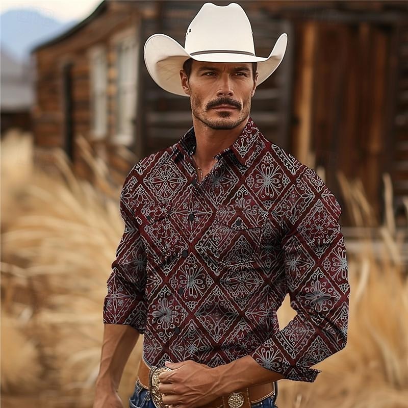 Men's Aztec Tribal Ethic / African Western Shirt Cowboy Shirt Long Sleeve Vintage Western Style Tribal Outdoor Vacation Horse Race Spring & Summer Turndown Print Button-Down Burgundy Navy Blue Green3