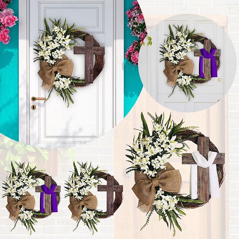 Artificial Easter Wreath, Easter Decoration, Cross Wreath, Decoration for Hanging Door Wreath, Cross Easter Wreath for Hanging as Spring Decoration3