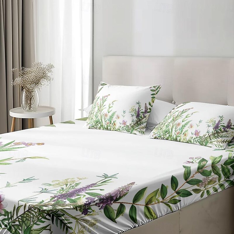 Floral Spring Pattern Fitted Sheet Set Ultra Soft Breathable Silky Bed Sheets Deep Pocket 100% Cotton Bedding Sheets 3 Piece Queen King Size3