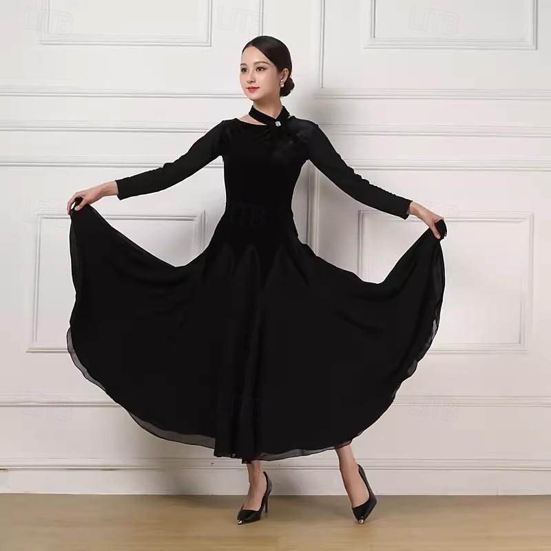 Ballroom Dance Dress Pure Color Splicing Women's Performance Party Long Sleeve Charmeuse Pleuche
