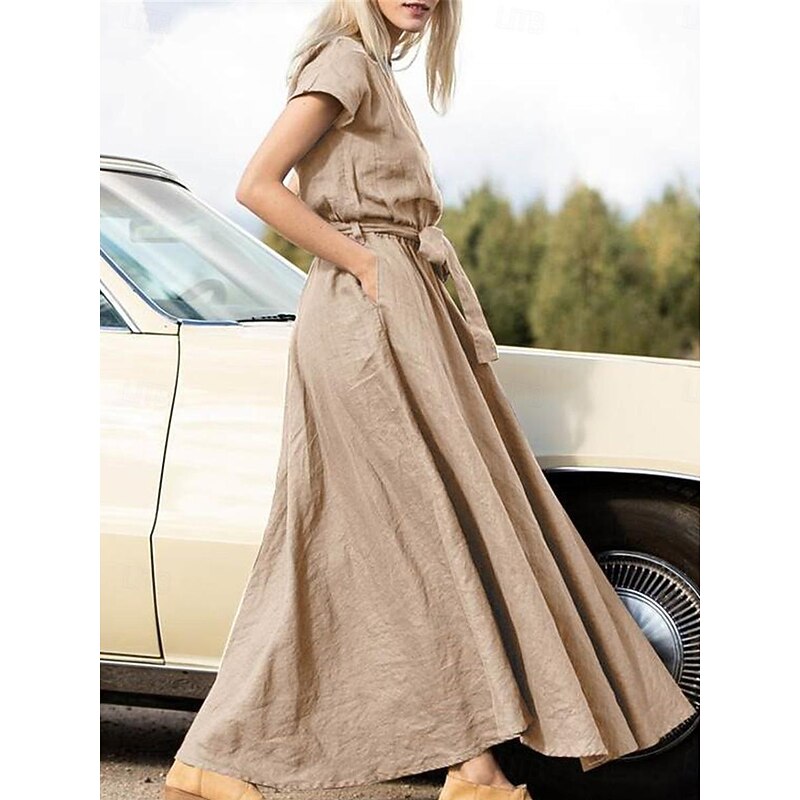 Women's Long Dress Maxi Dress Linen-Inspired Dresses Casual Dress Summer Dress Plain Dress Streetwear Maxi Basic Vacation Street Holiday Loose Fit Short Sleeve Crew Neck Khaki Dark Blue Coffee Summer4