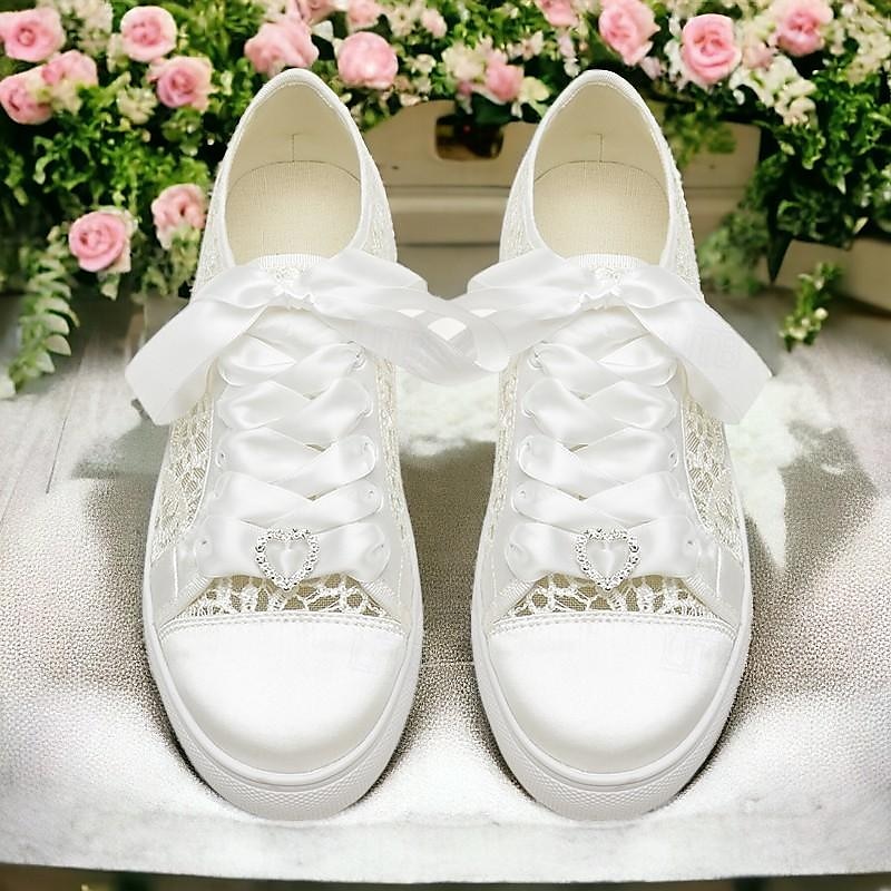 Women's Lace Wedding Sneakers with Ribbon Laces - White Bridal Flat Shoes for Comfort and Style4