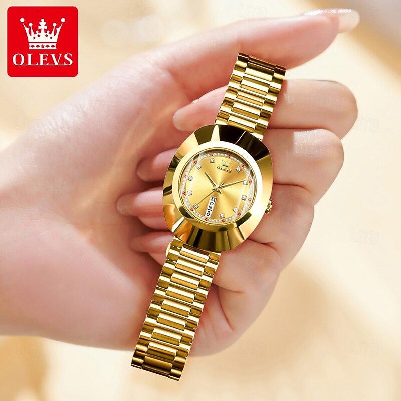 OLEVS Women's Watches Luxury Gold Large Dial Original Wristwatch for Girl Waterproof Luminous Fashionable Diamond Dial Date Week 70174