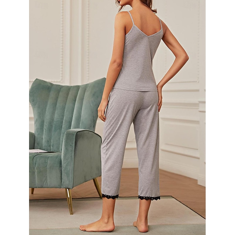 Women's Pajamas Sets Pure Color Comfort Home Daily Bed Breathable Strap Top Pant Summer Home Outfits4