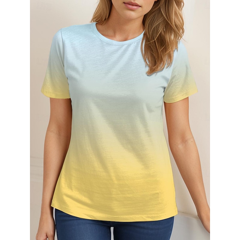 Women's T Shirt Ombre Color Gradient Fashion Short Sleeve Round Neck Regular Tops Vacation Daily Going out Print Yellow Blue Orange Light Blue Summer4
