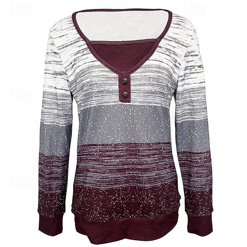 Women's T Shirt Color Block Print Long Sleeve Square Neck Regular Tops Casual Daily Buttons Print Wine Spring &  Fall2