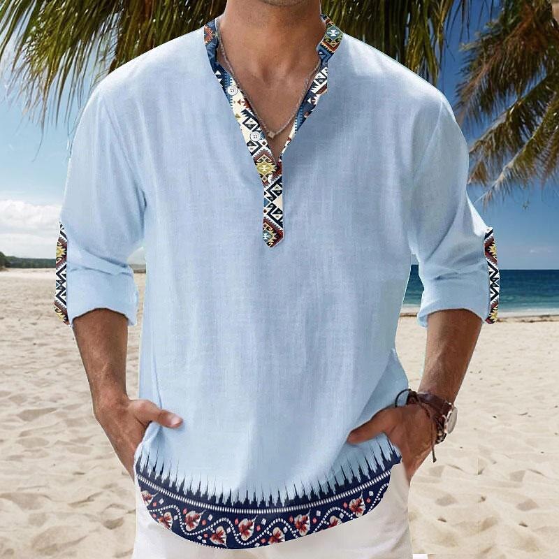 Men's Tribal Bandana Print Shirt Linen Shirt Button Up Shirt Long Sleeve Tribal Vacation Daily Wear Going out Spring &  Fall Stand Collar Buttons Print White Blue Khaki3