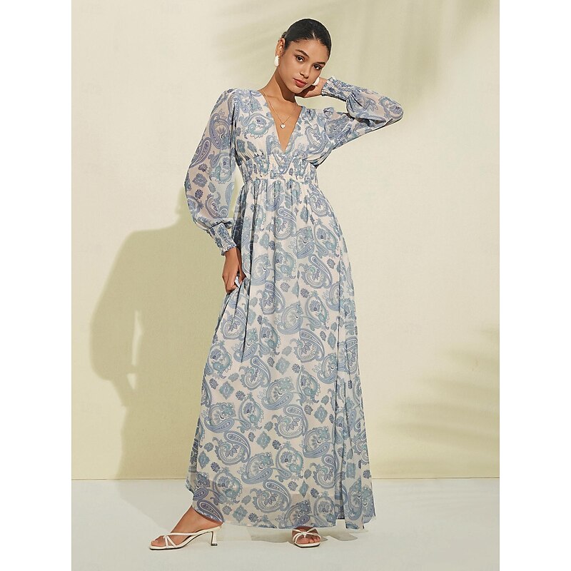Women's Bridal Shower Dress Summer Dress Print Dress Long Dress Maxi Dress Blue Long Sleeve Curve Floral Botanical Tropical Flowers Floral Style Print Spring & Summer V Neck Beach Vacation Date S M L4